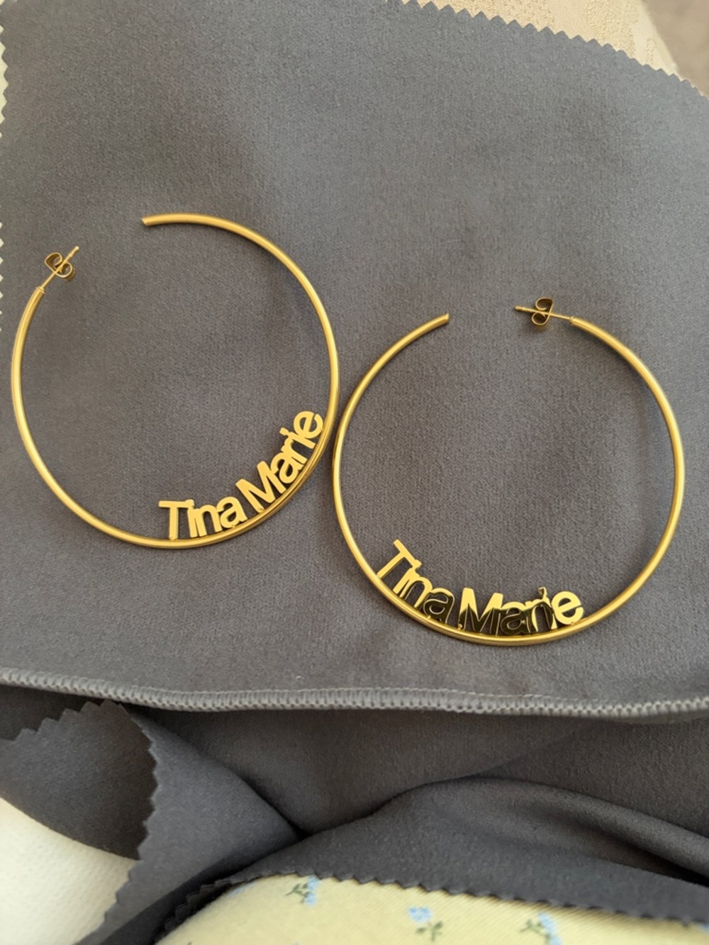 New large 3” Gold Hoop Name Earrings "Tina Marie"